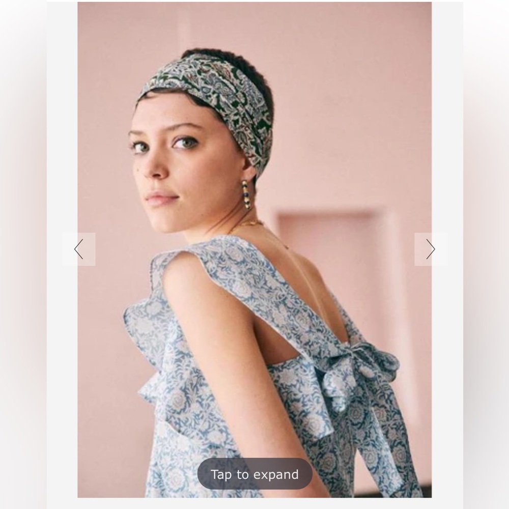 Sézane Blue Floral Ruffled Shoulder Dress with Bow